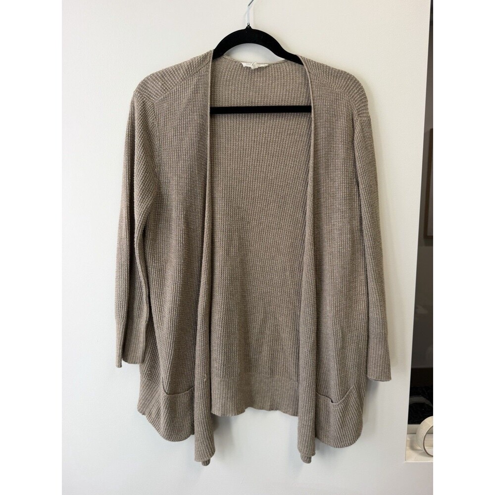 Eileen Fisher Women's L Knit Cotton Open Front Cardigan Sweater Beige 3/4